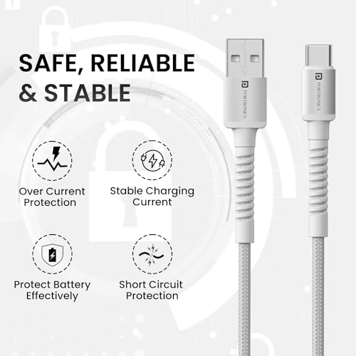 Portronics Konnect X 3A Unbreakable Nylon Braided USB to Type C Fast Charging Cable 2M Long, Supports All Type C Smartphones and Devices(White) - Image 2