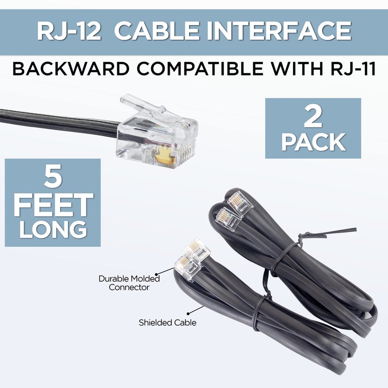 Volcora [2 Pack 5 Feet RJ11 / RJ12 Data Cable - Heavy Duty 6-Pins High-Speed Extension for Cash Register Drawer, Telephone, Modem, Fax, Printers, and More - Drawer Cable for Voice and Data - Image 2