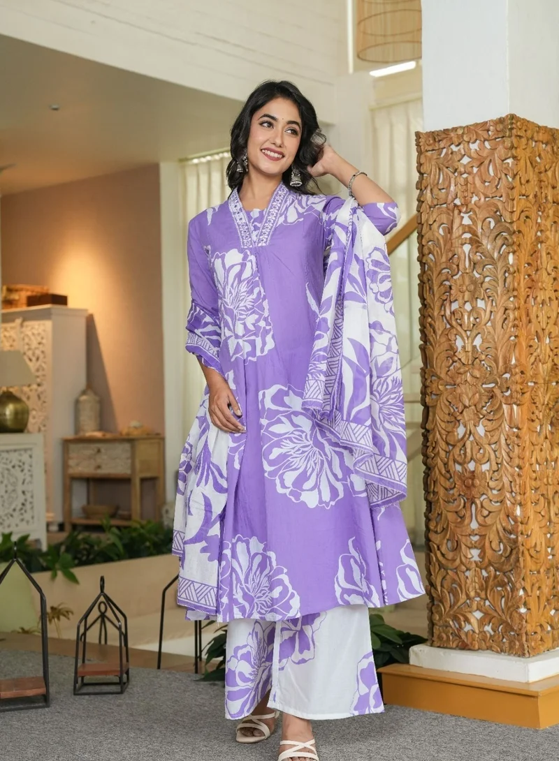 Studio blue Lavender Floral Printed Three-Piece Set with Dupatta