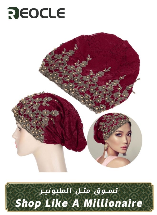 REOCLE Women's Turban Beanie Hat with Flower Lace And Bead Headwear Elastic Head Wrap Fashion Cap Wine Red  - Image 1