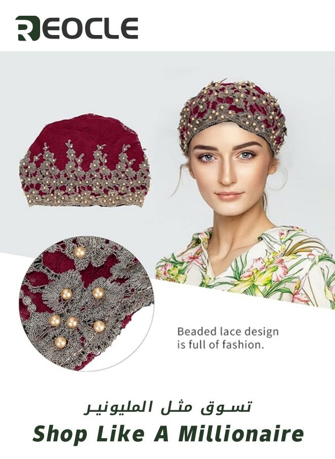 REOCLE Women's Turban Beanie Hat with Flower Lace And Bead Headwear Elastic Head Wrap Fashion Cap Wine Red  - Image 4