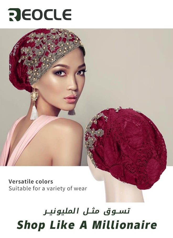 REOCLE Women's Turban Beanie Hat with Flower Lace And Bead Headwear Elastic Head Wrap Fashion Cap Wine Red  - Image 2