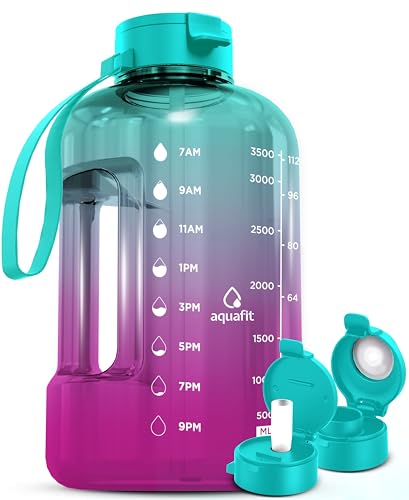 AQUAFIT 1 Gallon Water Bottle with Time Marker  Straw  Chug Lid  BPA Free Gym Water Bottle with Straw  Big Gallon Jug Galaxy 128 oz  2 Lids