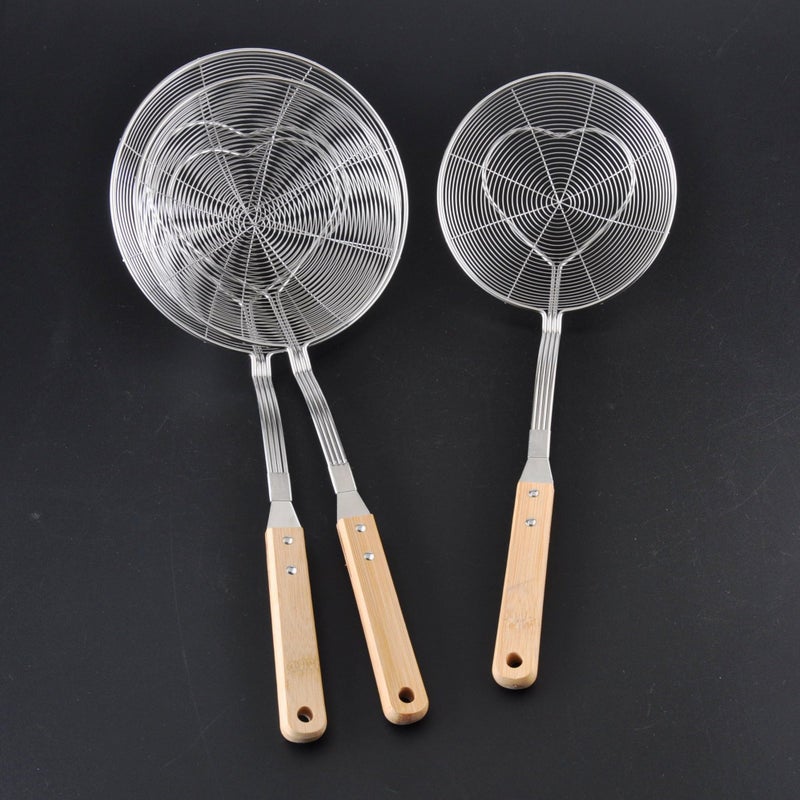 Professional Stainless Steel Oil Skimmer Set with Wooden Grip Handle Deep Frying Strainer Spoon Ladle Rust Free Kitchen Utensil 40cm 42cm 45cm - Image 4