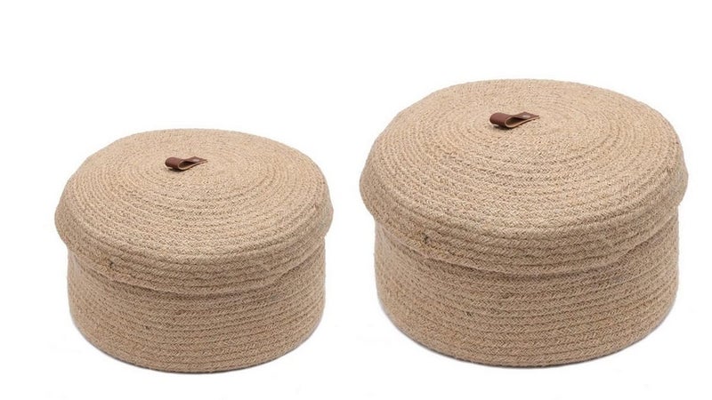 pepme Jute Round Storage Basket with Lid 9x9 11x11 inches beige set of 2  - Image 1