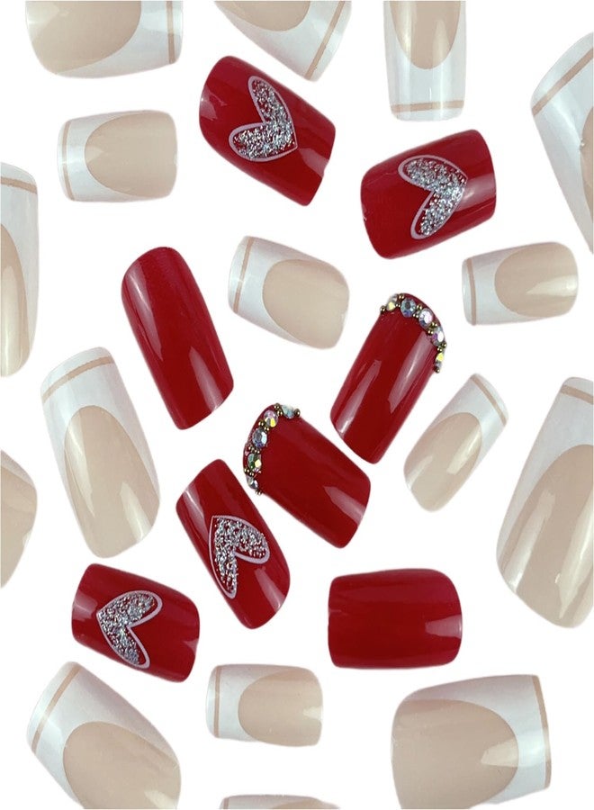 TBRZTR Heart Press on Medium Square Artificial Acrylic Nails Love Heart False Nails Glitter Rhinestones Design White French Fake Full Cover Glossy Reusable Coffin Glue on Nails for Women - Image 2