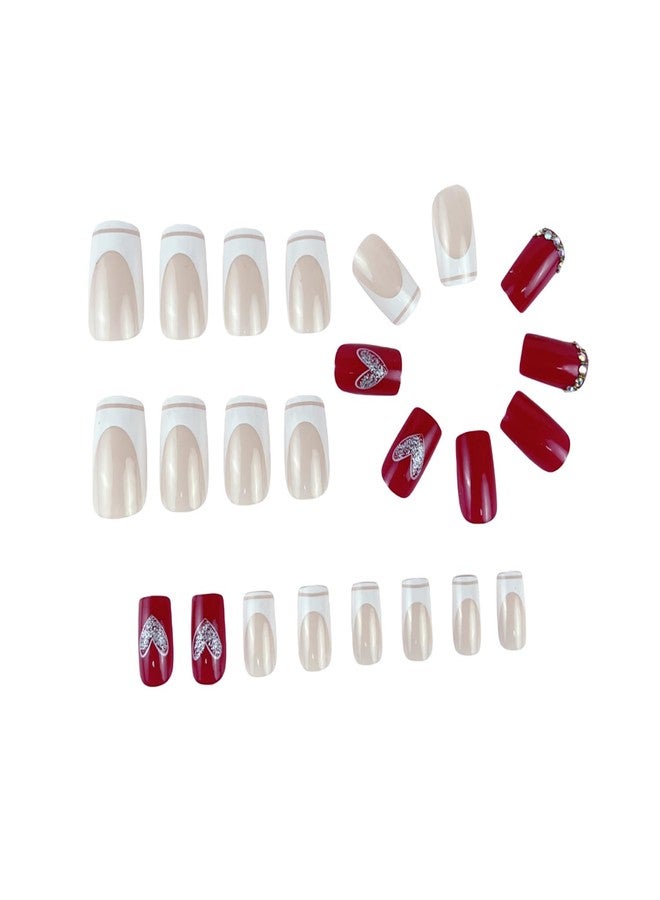 TBRZTR Heart Press on Medium Square Artificial Acrylic Nails Love Heart False Nails Glitter Rhinestones Design White French Fake Full Cover Glossy Reusable Coffin Glue on Nails for Women - Image 3