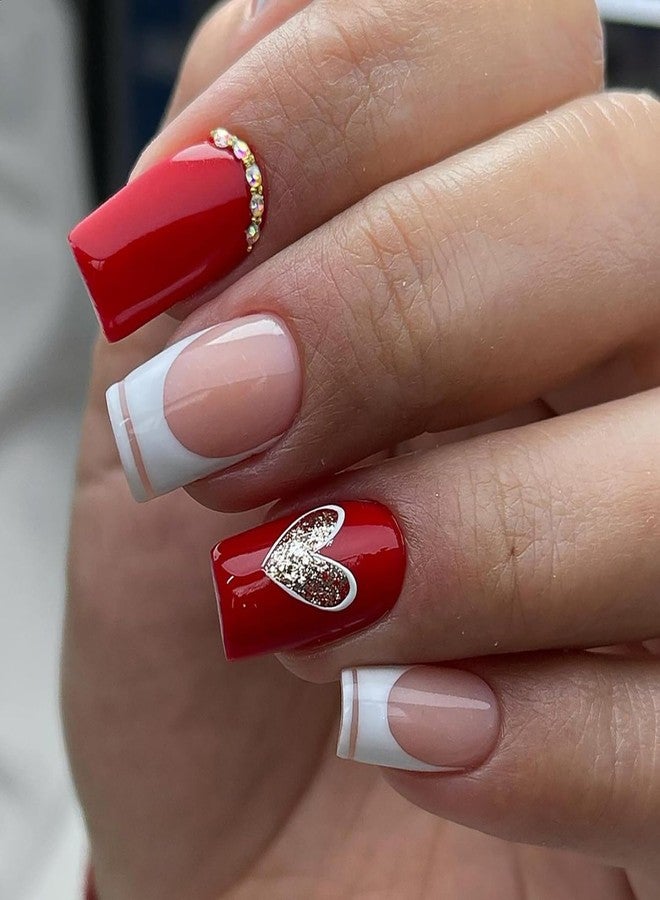 TBRZTR Heart Press on Medium Square Artificial Acrylic Nails Love Heart False Nails Glitter Rhinestones Design White French Fake Full Cover Glossy Reusable Coffin Glue on Nails for Women - Image 1