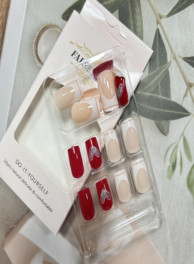 TBRZTR Heart Press on Medium Square Artificial Acrylic Nails Love Heart False Nails Glitter Rhinestones Design White French Fake Full Cover Glossy Reusable Coffin Glue on Nails for Women - Image 4
