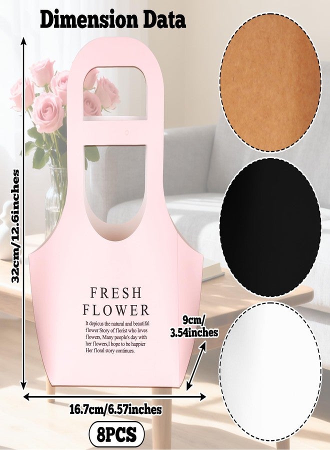 baotongle 8pcs Floral Bouquet Paper Bags Waterproof for Bouquets Portable Craft Flower Arrangement Boxes with Handle Bouquet Florist Packaging Wrap for Wedding Birthday Graduation Valentine's Day(Pink,Black,White and Craft Paper, Small) - Image 2