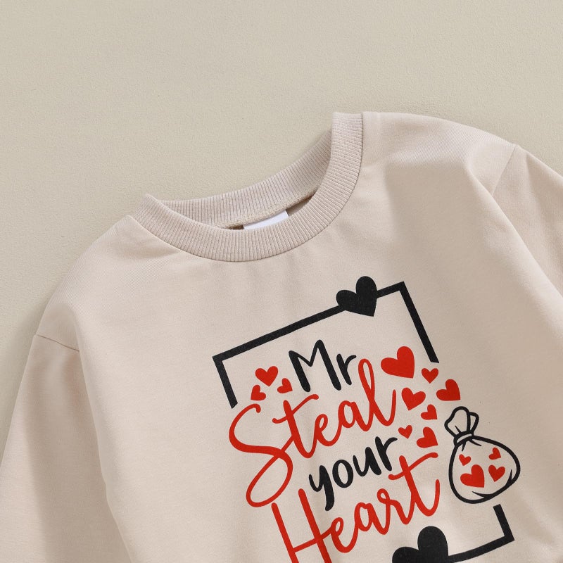 BeQeuewll Baby Boy Valentines Outfit Mr Steal Your Heart Set Long Sleeve Sweatshirt Newborn Jogger Infant Boys Clothing (Steal Heart-Apricot, 6-12 Months) - Image 4