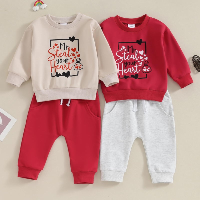 BeQeuewll Baby Boy Valentines Outfit Mr Steal Your Heart Set Long Sleeve Sweatshirt Newborn Jogger Infant Boys Clothing (Steal Heart-Apricot, 6-12 Months) - Image 2