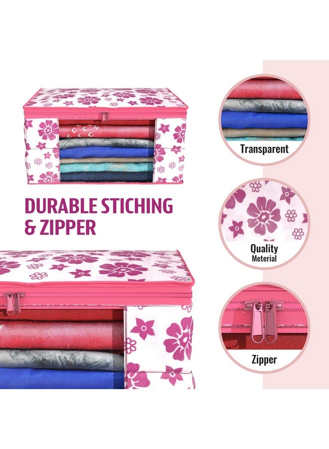 Kuber Industries Kuber Industries Non-Woven Floral Print Saree Covers With Zip|Foldable Wardrobe Organizer For Clothes|Saree Bags Keep 8 To 10 Saree|Suitable For Lehenga, Suit, Dress|Pack Of 6 (White & Pink)  - Image 5