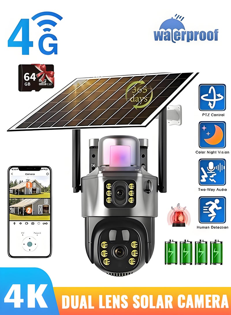 فولينيكس كاميرا مراقبة شمسية لاسلكية 4G PTZ كاميرا أمان عدستين مع لوحة شمسية CCTV أمان عالية الدقة مستشعر PIR مدمج بطارية - سوداء (مع بطاقة SD 64GB) - Image 1