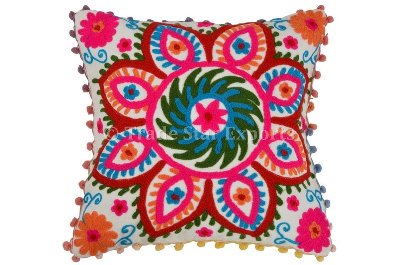 Trade Star 100% Cotton Spring Pillow Cover Beautiful Embroidered Pom Pom Cushion Cover Fall Decor Cushion Case Decorative Handmade 16x16 Inches Modern Sofa Throw Pillow Cover (Pattern 1) - Image 5