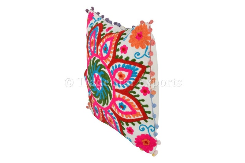Trade Star 100% Cotton Spring Pillow Cover Beautiful Embroidered Pom Pom Cushion Cover Fall Decor Cushion Case Decorative Handmade 16x16 Inches Modern Sofa Throw Pillow Cover (Pattern 1) - Image 3