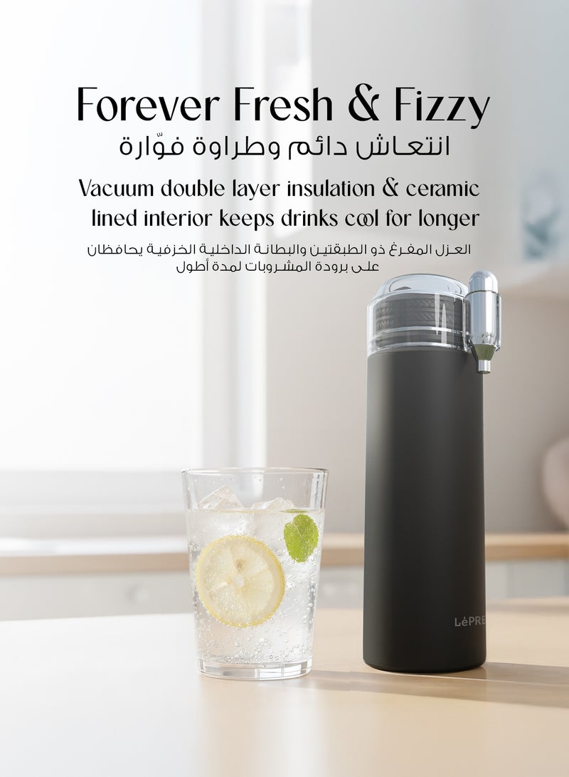 LePRESSO Sparkling Water Bottle with Double Wall Vacuum & Bottle Capacity 750ml / Ceramic Lined Interior / Stainless Steel 304 / Sparkling Water Capacity 500ml / 8g Co2 Chargers - Black - Image 4