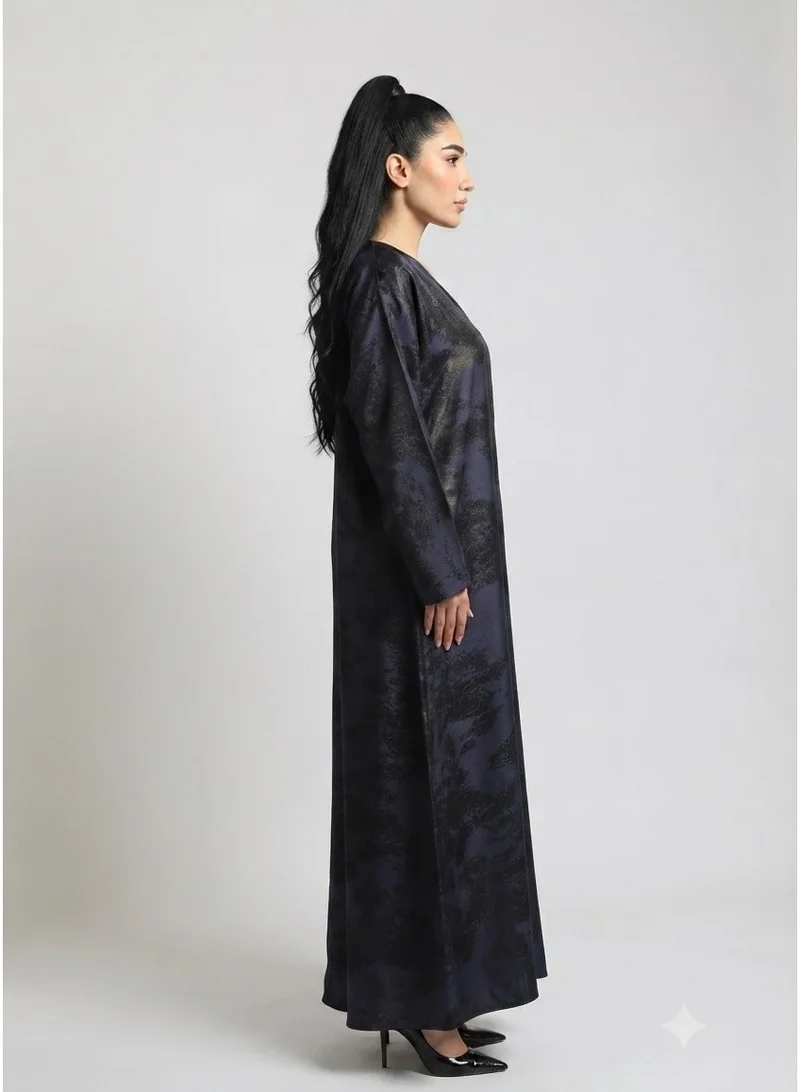 Nikias Navy Blue Self-Print Abaya with Button Detailing