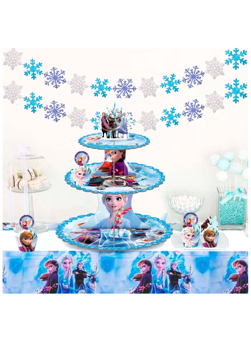 Frozen Cupcake Stand, 3pcs Tier Frozen Birthday Cupcake Stand with 12pcs Frozen Cupcake Toppers and 12pcs Elsa Cake Cups for Elsa Themed Party or Frozen Birthday Party Decorations