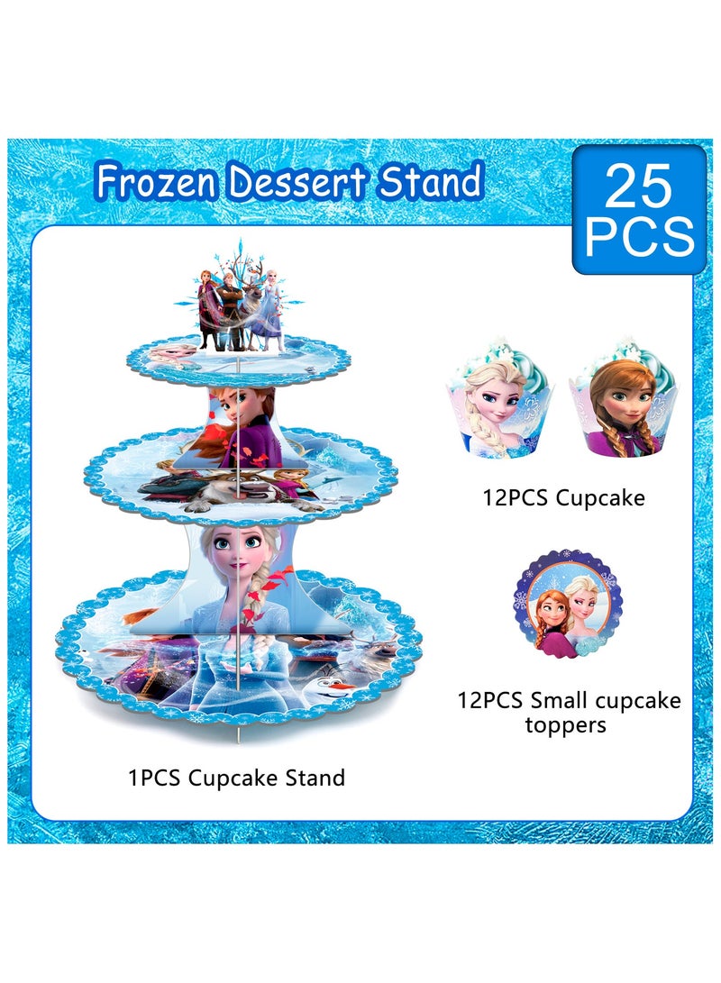 Frozen Cupcake Stand, 3pcs Tier Frozen Birthday Cupcake Stand with 12pcs Frozen Cupcake Toppers and 12pcs Elsa Cake Cups for Elsa Themed Party or Frozen Birthday Party Decorations