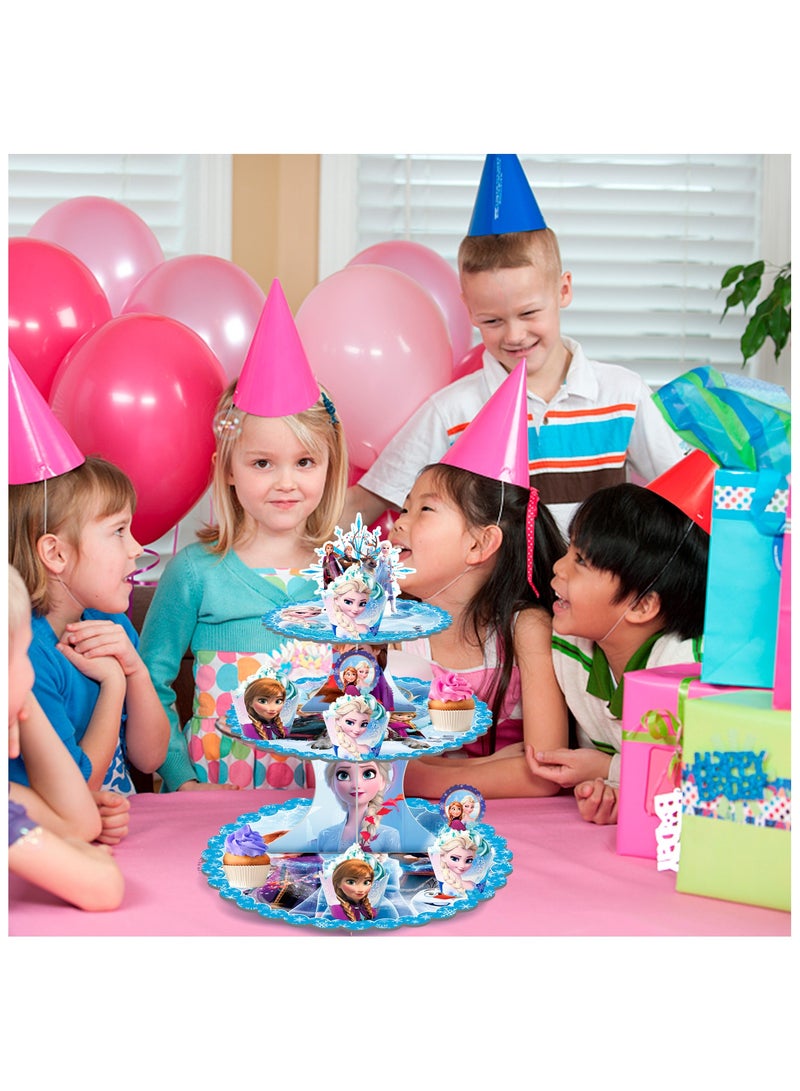 Frozen Cupcake Stand, 3pcs Tier Frozen Birthday Cupcake Stand with 12pcs Frozen Cupcake Toppers and 12pcs Elsa Cake Cups for Elsa Themed Party or Frozen Birthday Party Decorations