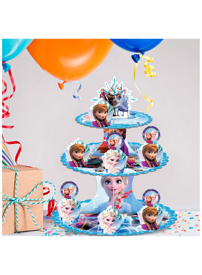 Frozen Cupcake Stand, 3pcs Tier Frozen Birthday Cupcake Stand with 12pcs Frozen Cupcake Toppers and 12pcs Elsa Cake Cups for Elsa Themed Party or Frozen Birthday Party Decorations