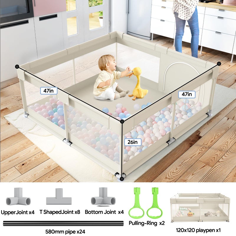 Fodoss Baby Playpen, Upgrade Playpen for Babies and Toddlers, 47x47inch Beige Play Pen for Babies with Hand Pulling Ring, Play Pen Center for Kids,Baby Fence,Kids Playards - Image 2