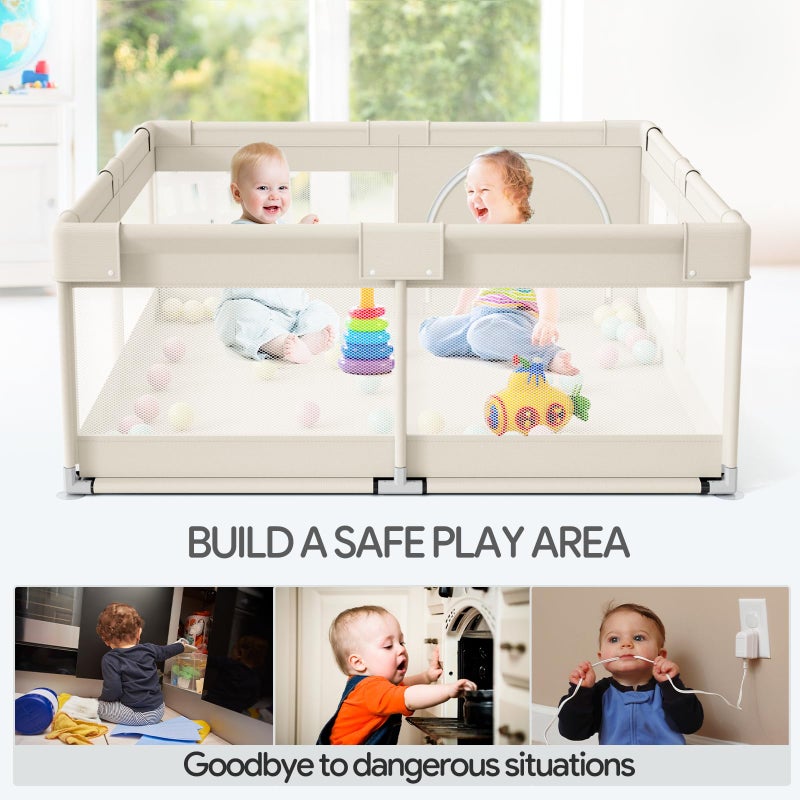 Fodoss Baby Playpen, Upgrade Playpen for Babies and Toddlers, 47x47inch Beige Play Pen for Babies with Hand Pulling Ring, Play Pen Center for Kids,Baby Fence,Kids Playards - Image 5