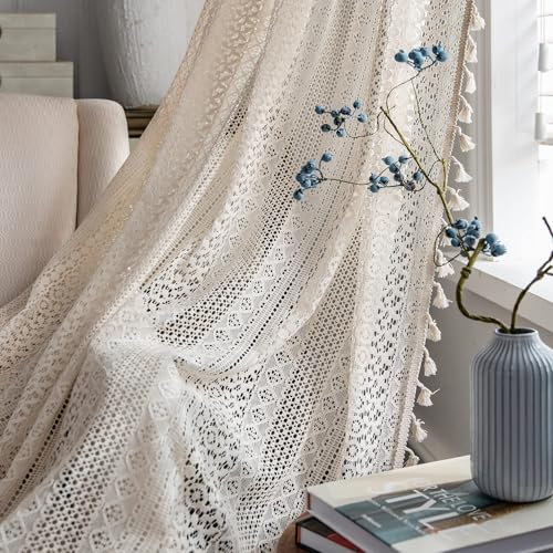 JOOJA Boho Lace 2 Panels Beige Lace Sheer Curtains with Crochet Semi Sheer for Living Room Bedroom, Farmhouse, Bohemian Style Modern Curtains (Crochet Beige, 59x84) - Image 1