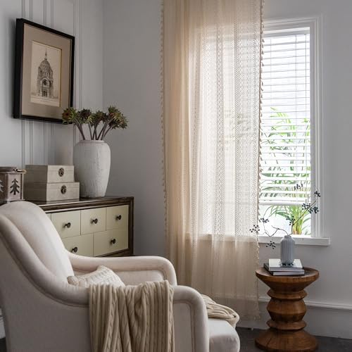 JOOJA Boho Lace 2 Panels Beige Lace Sheer Curtains with Crochet Semi Sheer for Living Room Bedroom, Farmhouse, Bohemian Style Modern Curtains (Crochet Beige, 59x84) - Image 2