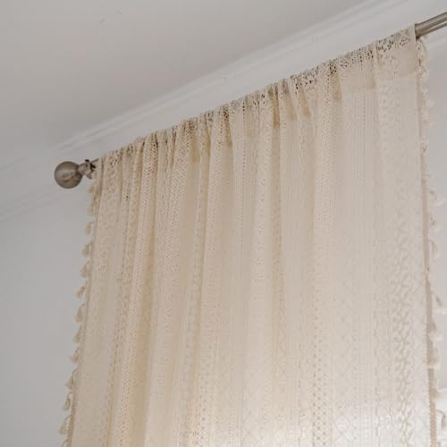 JOOJA Boho Lace 2 Panels Beige Lace Sheer Curtains with Crochet Semi Sheer for Living Room Bedroom, Farmhouse, Bohemian Style Modern Curtains (Crochet Beige, 59x84) - Image 5