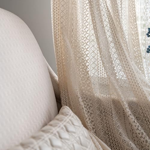 JOOJA Boho Lace 2 Panels Beige Lace Sheer Curtains with Crochet Semi Sheer for Living Room Bedroom, Farmhouse, Bohemian Style Modern Curtains (Crochet Beige, 59x84) - Image 3