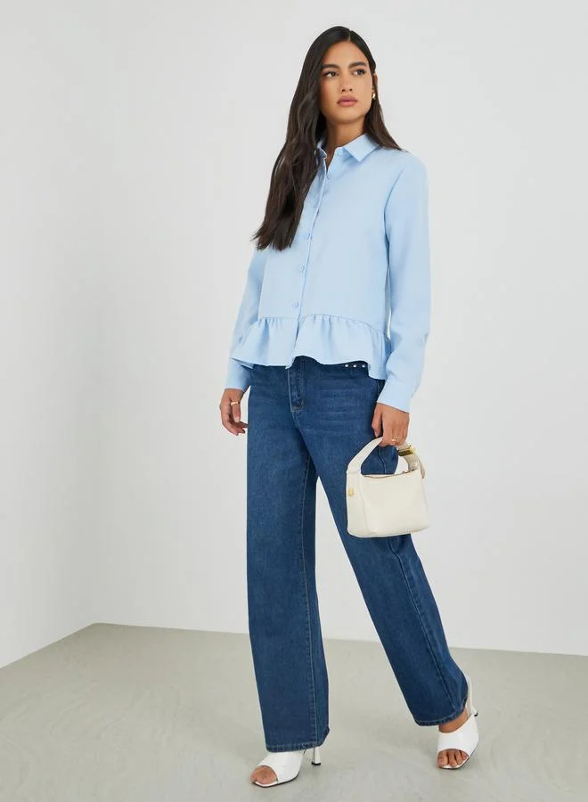 Styli Solid Spread Collared Long Sleeve Shirt