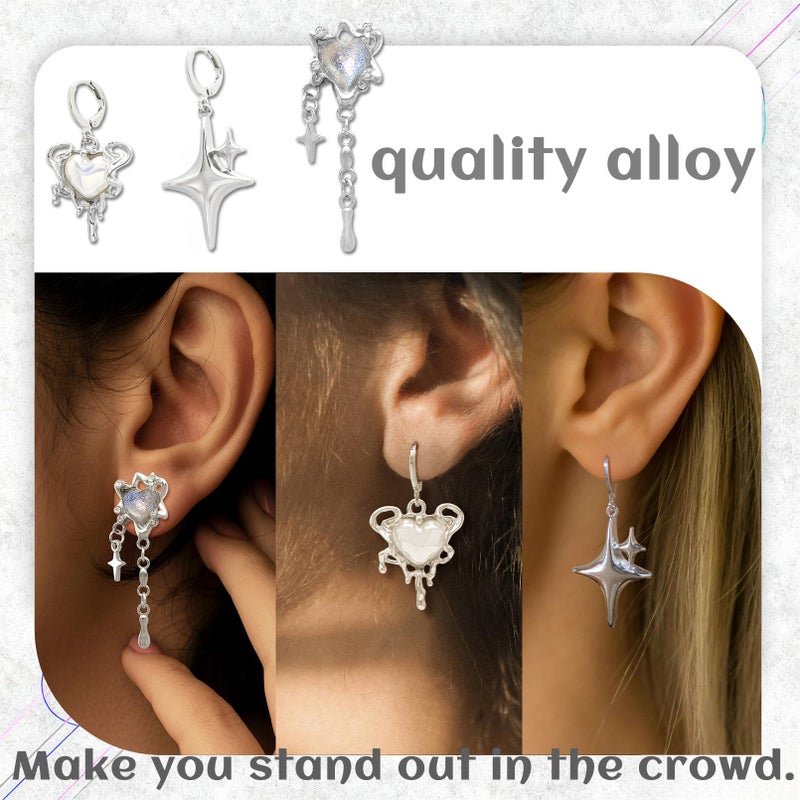 RechicGu 5 Pairs Y2K Moonstone Spike Star Hoop Earrings Set for Women Grunge Emo Goth Earrings Heart Teardrop Chain Dangle Earring Y2K Accessories for Gothic Punk Outfits Christmas Jewelry Gift B - Image 4