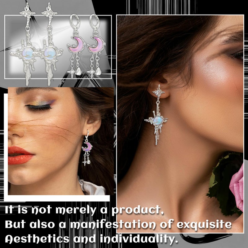 RechicGu 5 Pairs Y2K Moonstone Spike Star Hoop Earrings Set for Women Grunge Emo Goth Earrings Heart Teardrop Chain Dangle Earring Y2K Accessories for Gothic Punk Outfits Christmas Jewelry Gift B - Image 2