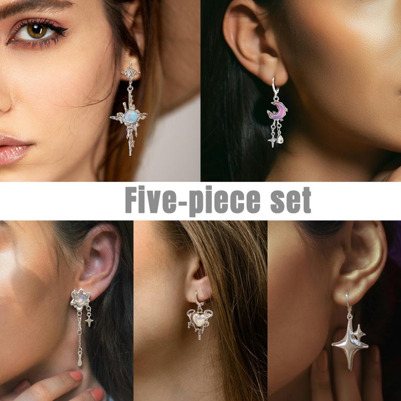RechicGu 5 Pairs Y2K Moonstone Spike Star Hoop Earrings Set for Women Grunge Emo Goth Earrings Heart Teardrop Chain Dangle Earring Y2K Accessories for Gothic Punk Outfits Christmas Jewelry Gift B - Image 5