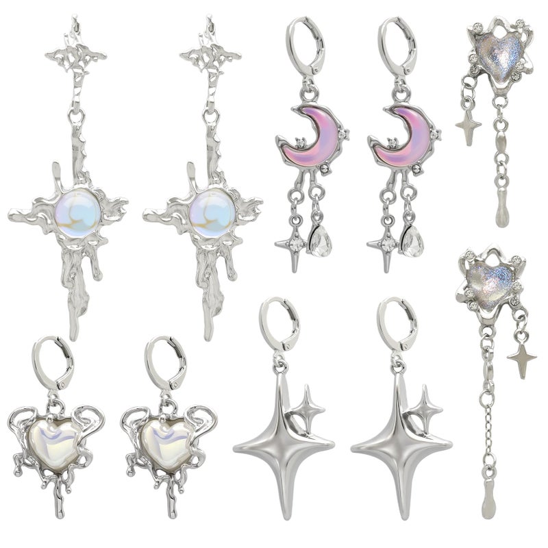 RechicGu 5 Pairs Y2K Moonstone Spike Star Hoop Earrings Set for Women Grunge Emo Goth Earrings Heart Teardrop Chain Dangle Earring Y2K Accessories for Gothic Punk Outfits Christmas Jewelry Gift B - Image 1