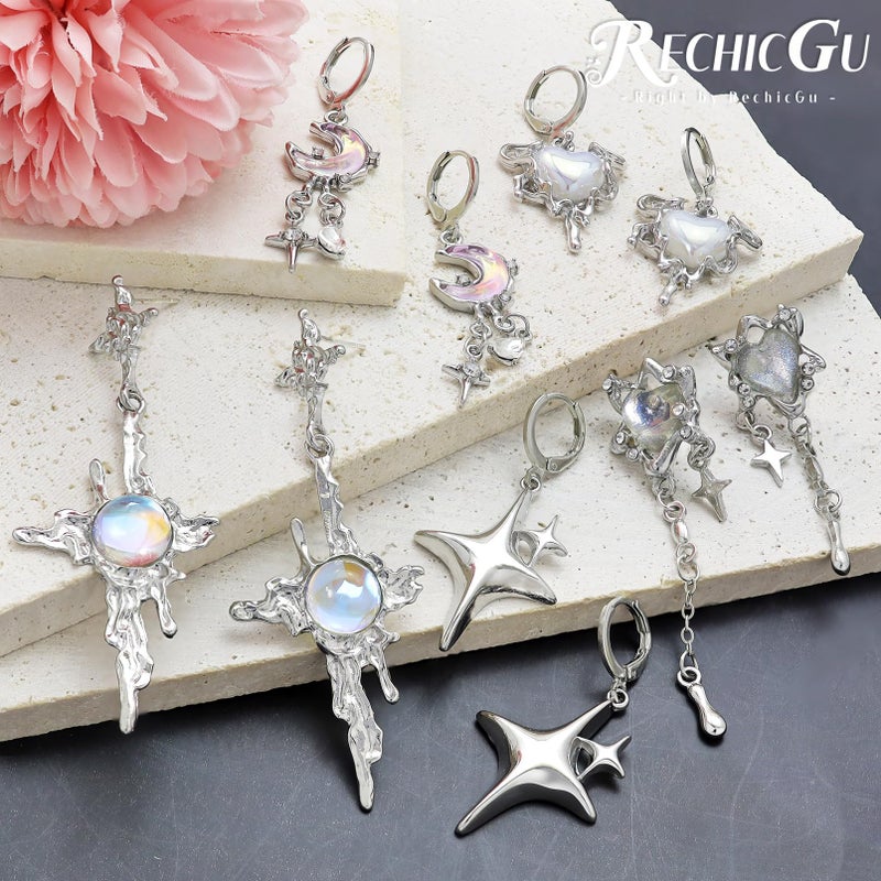 RechicGu 5 Pairs Y2K Moonstone Spike Star Hoop Earrings Set for Women Grunge Emo Goth Earrings Heart Teardrop Chain Dangle Earring Y2K Accessories for Gothic Punk Outfits Christmas Jewelry Gift B - Image 3