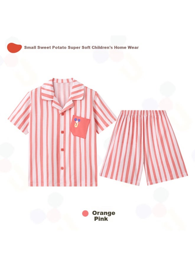 Potatokids Children's Pajama Set Summer Short Sleeve Shorts Striped Designer Style For Big Kids Orange Pink 170 - Image 4