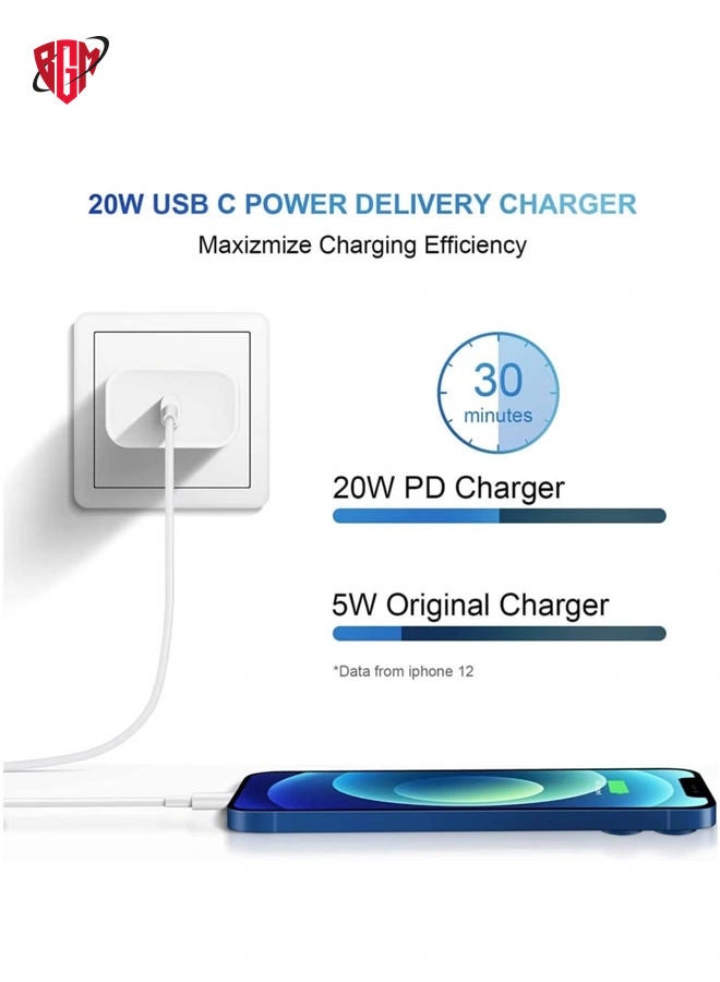 BGM iPhone 14 Fast Charger [Apple MFi Certified ] Apple Fast Charging Block 20W PD USB-C Wall Charger 6FT USB C to Lightning Cables Compatible with iPhone 14/13/ Plus/12/Pro/11/Pro Max,iPad (White) - Image 3