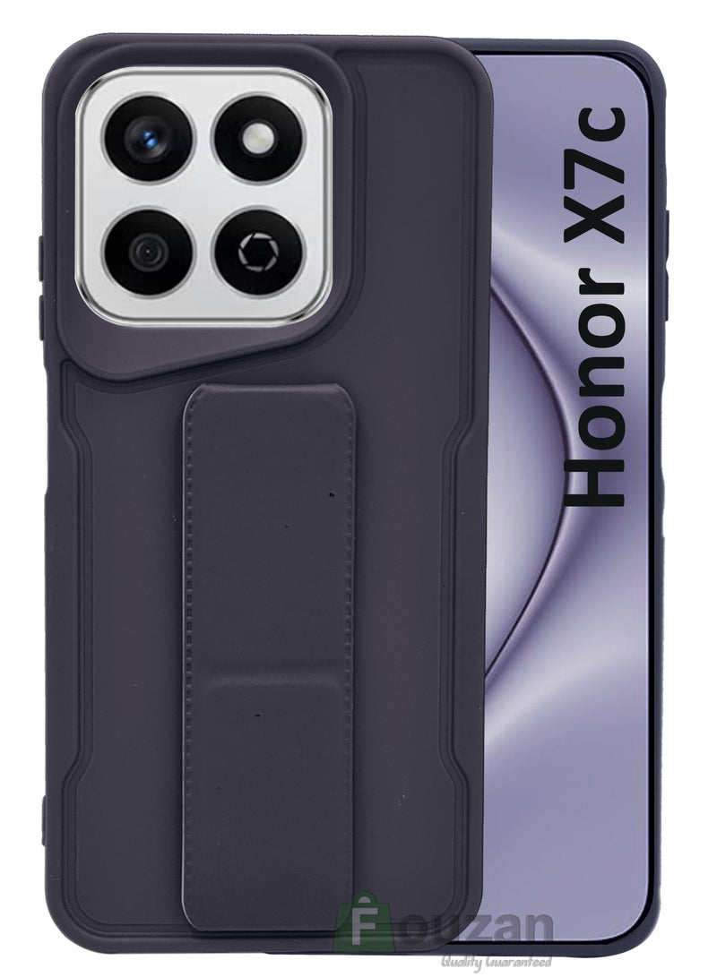 For Honor X7c - Hard Silicone Magnetic Back Stand Case  With Foldable Kickstand & Finger Strap  - Navy Blue - Image 1