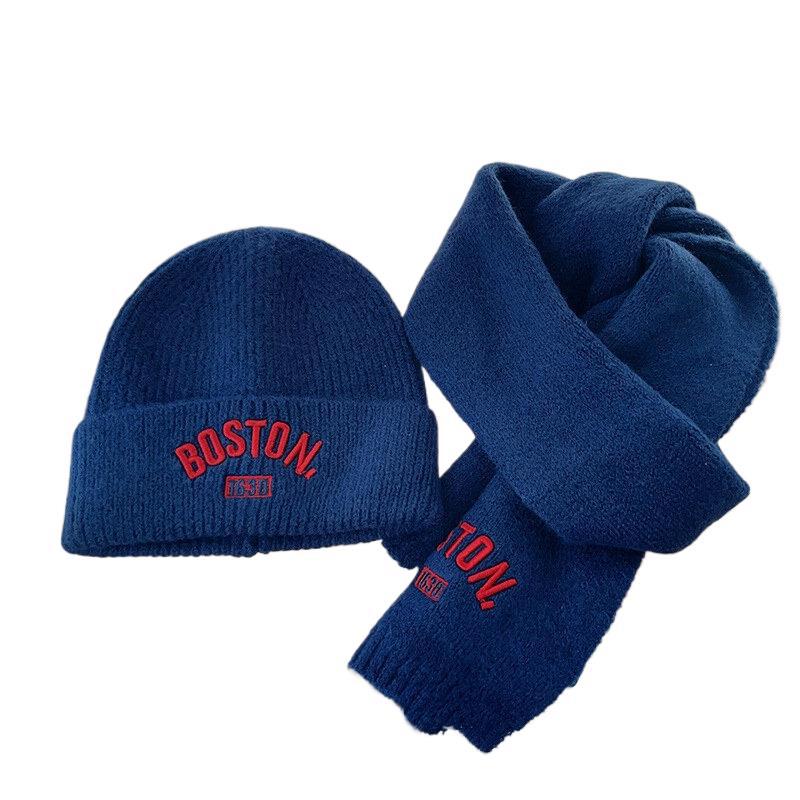 Korean Autumn Winter Kids Embroidered Scarf Set Navy blue suit
