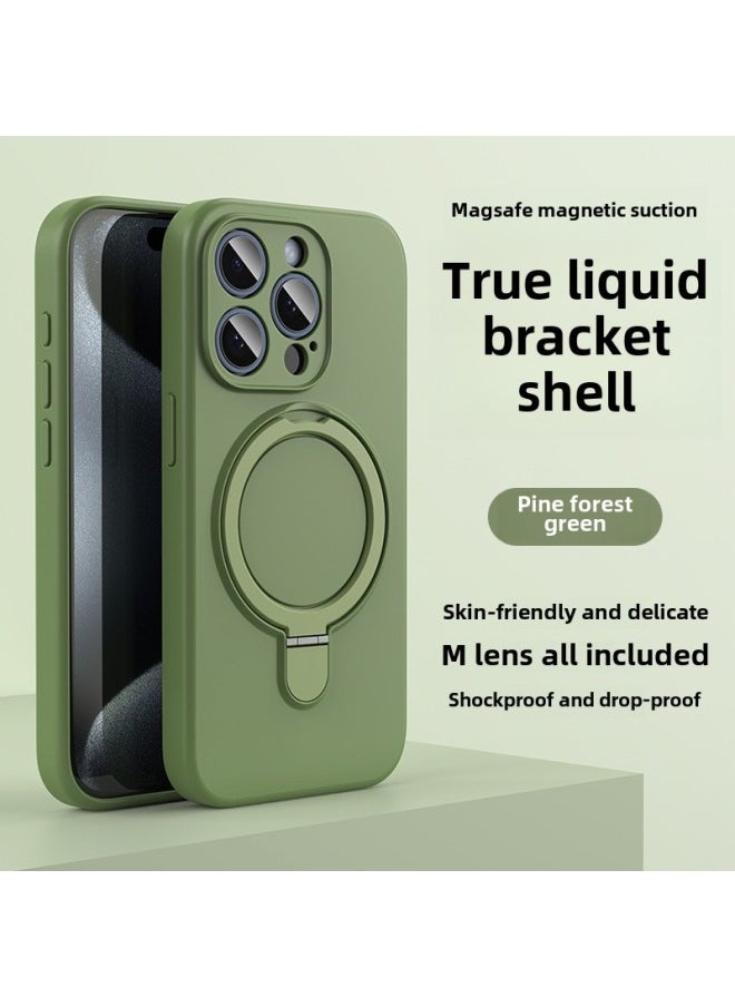 Generic - Apple 16 Mobile Phone Case Magsafe Bracket Magnetic 15promax Liquid Silicone IPhone14 Protective Cover Soft-Color:Pine Forest Green Bracket Model With Packaging-Applicable Models:iPhone13Promax - Image 1