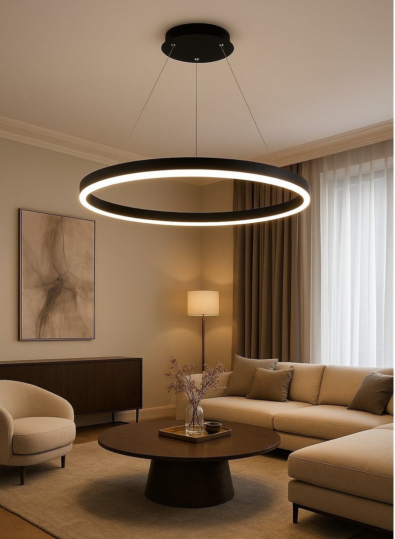 الثريات ثريا LED مودرن 60 سم – 3 ألوان إضاءة – ريموت كنترول – تصميم دائري عصري – أسود مطفي أنيق لغرفة المعيشة والطعام - Image 5