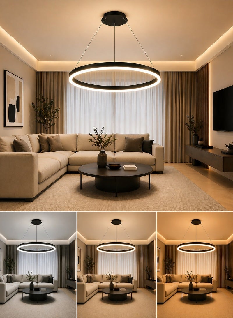 الثريات ثريا LED مودرن 60 سم – 3 ألوان إضاءة – ريموت كنترول – تصميم دائري عصري – أسود مطفي أنيق لغرفة المعيشة والطعام - Image 2