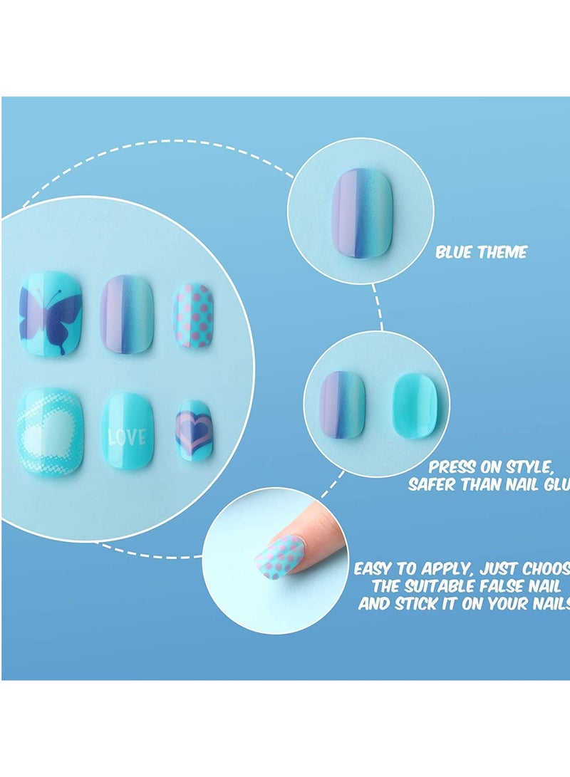 SOLARAE Kids Press on Nails Children,120 Pieces Fake Artificial Tips Girls Full Cover Short False Fingernails for Art Decoration,  Pre Glue Full Acrylic (Blue Color) - Image 5