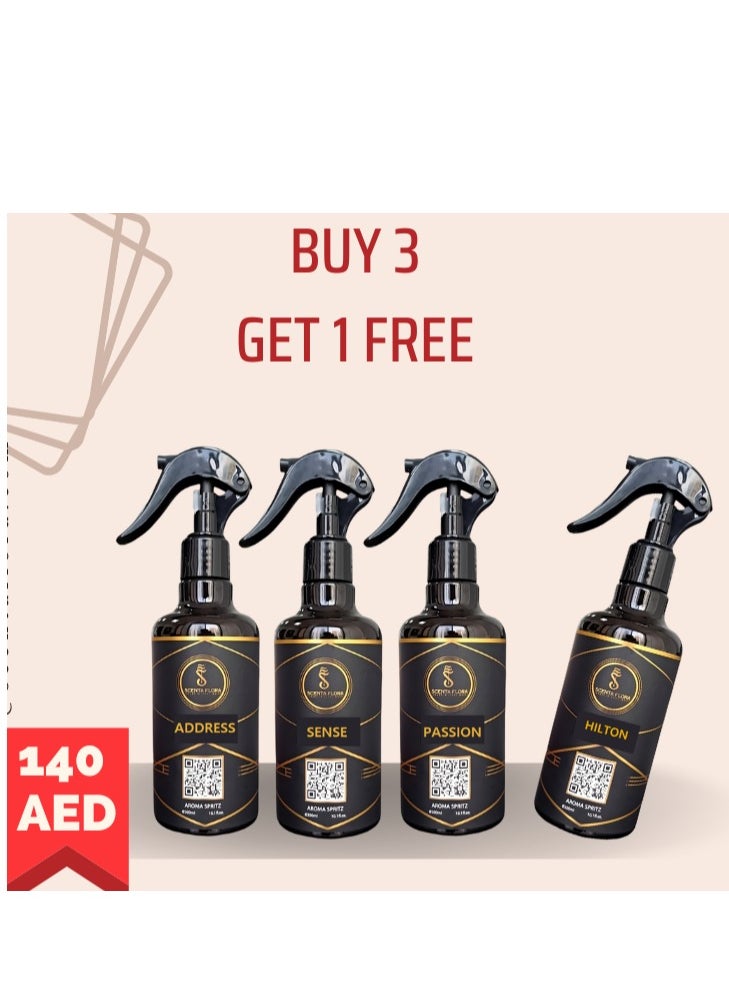 Scenta Flora Special Offer: Buy 4 Aroma Spritz for the Price of 3! | Long-Lasting Air Freshener for Cars, Carpets, Curtains, Rooms, Fabrics & Abayas 