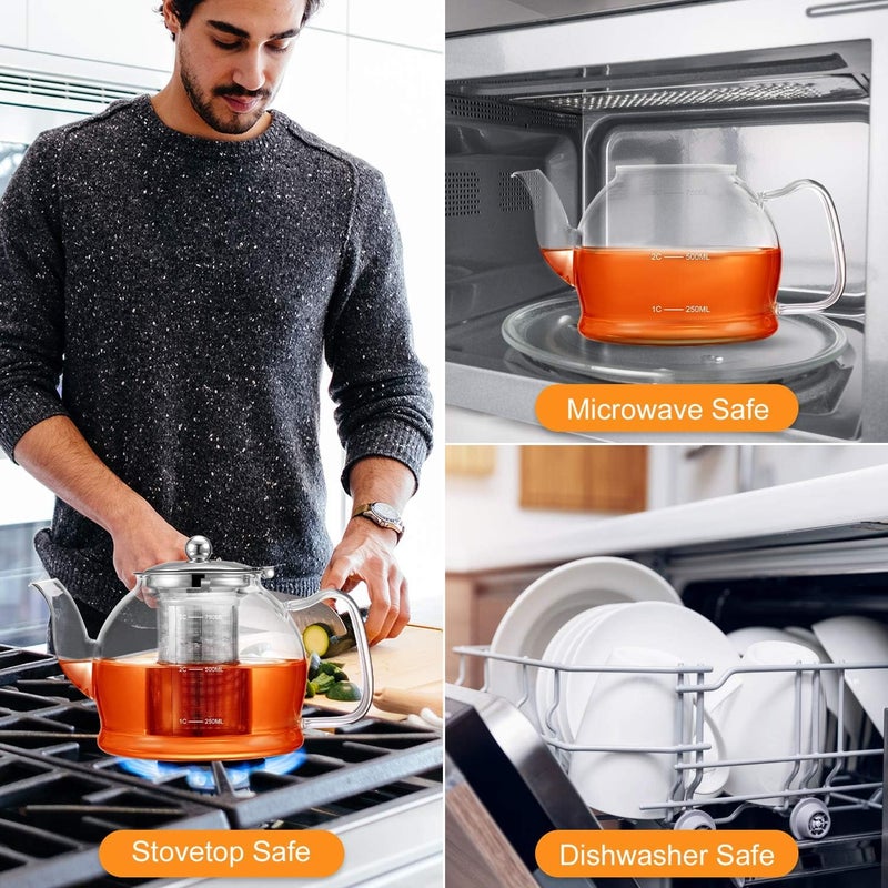 High Borosilicate Heat-Resistant Glass Tea Pot Kettle with Color Glass Handle, food-grade stainless steel infuser. Filter Liner And Cover. Stainless Steel Strainer for Loose Tea. For 4-6 cups (1000ml) - Image 3