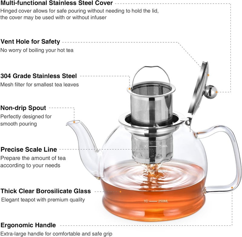 High Borosilicate Heat-Resistant Glass Tea Pot Kettle with Color Glass Handle, food-grade stainless steel infuser. Filter Liner And Cover. Stainless Steel Strainer for Loose Tea. For 4-6 cups (1000ml) - Image 2