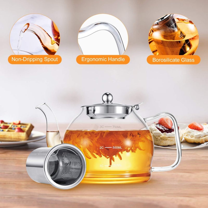 High Borosilicate Heat-Resistant Glass Tea Pot Kettle with Color Glass Handle, food-grade stainless steel infuser. Filter Liner And Cover. Stainless Steel Strainer for Loose Tea. For 4-6 cups (1000ml) - Image 4